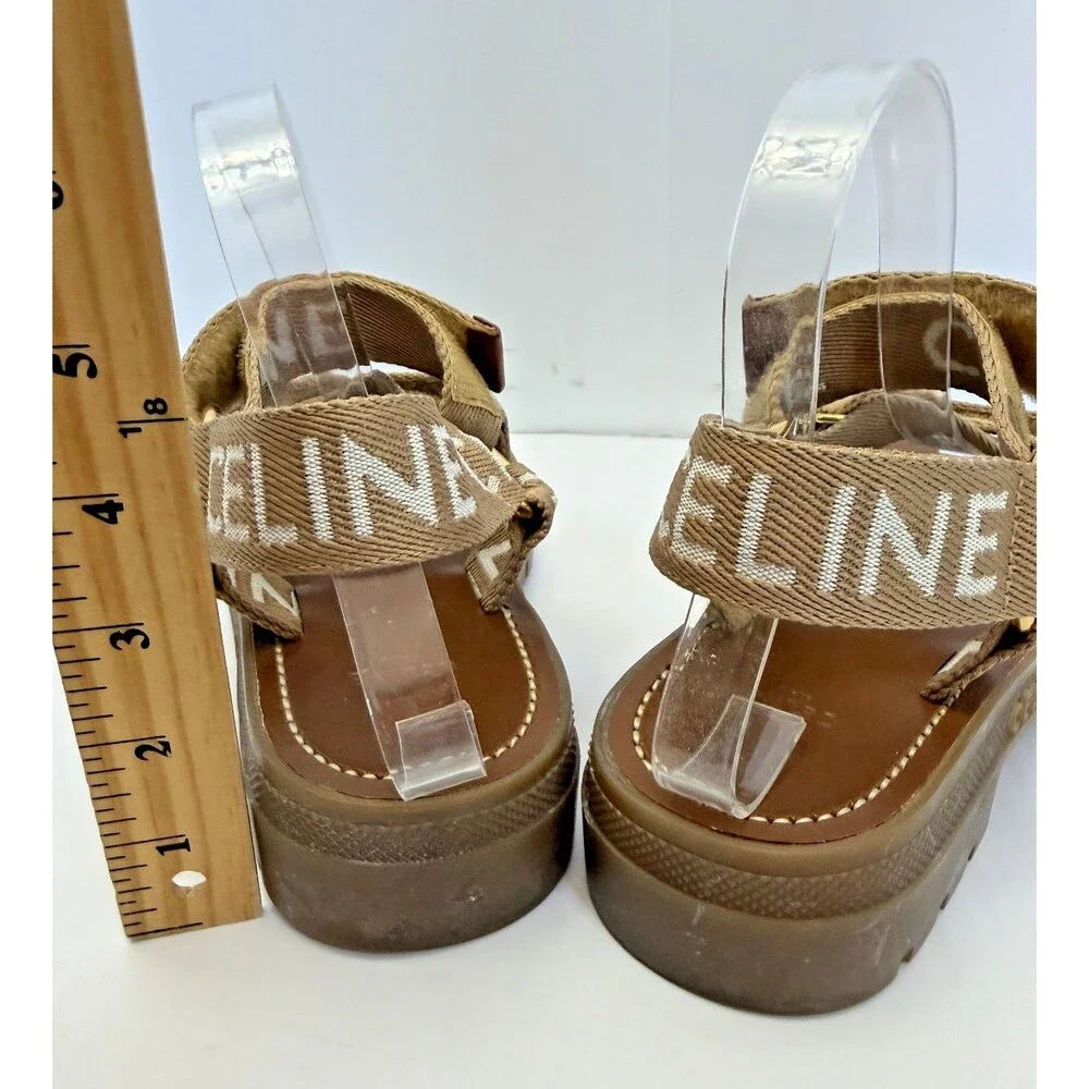 CELINE Paris Leo Wool Jacquard Strappy Sandals Light Beige/White Sz 37 MSRP $850